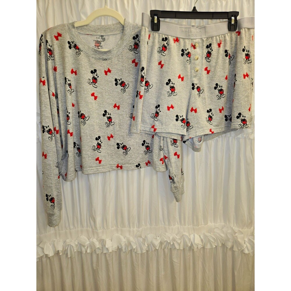 American Eagle AElounge Disney Mickey Mouse Knit Pajama Shorts Set Gray L